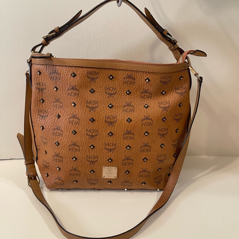 MCM Klara Hobo Leather Bag Cognac Stud